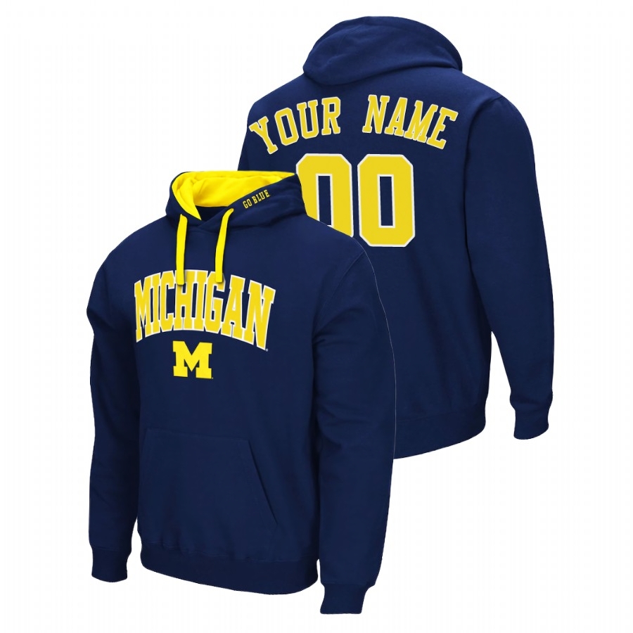 Michigan Wolverines Men's NCAA Custom #00 Navy Arch & Logo 2.0 Pullover College Football Hoodie EYE8649MU